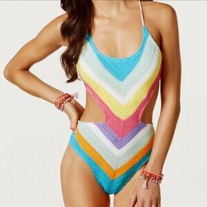 Bar III Womens XL Crochet‎ Monokini Cut Out One Piece Boho Swim Multicolor